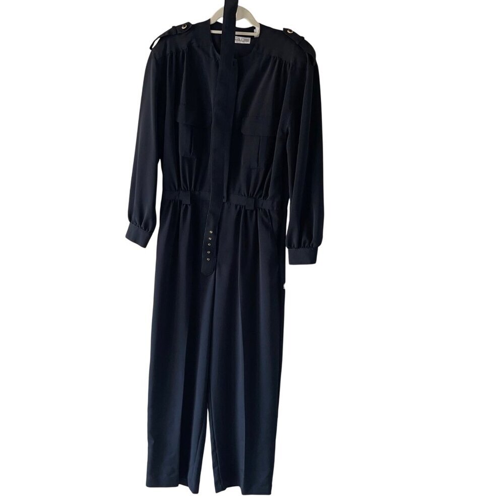 Chaus Vintage 1980s Womens Jumpsuit Size M Black Pockets Belted Elastic Waist